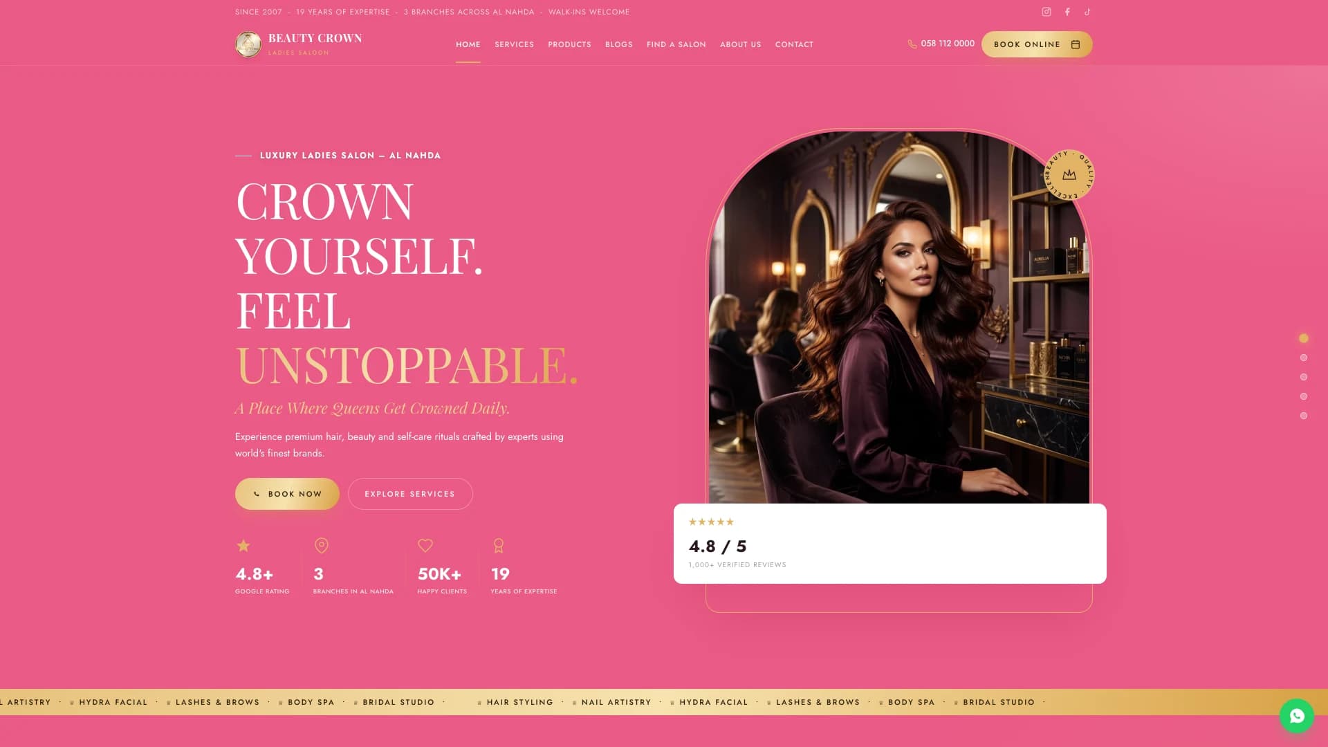 Beauty Crown salon website with booking and service navigation