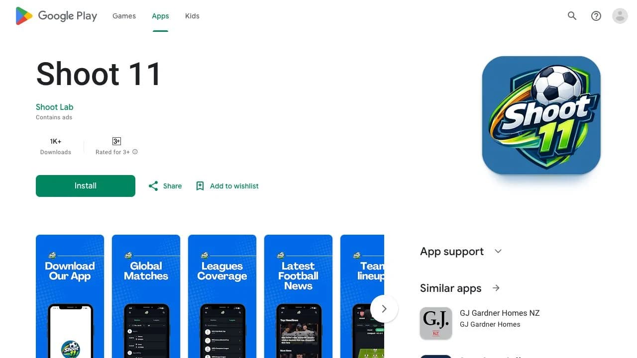 Shoot 11 football app listing on Google Play