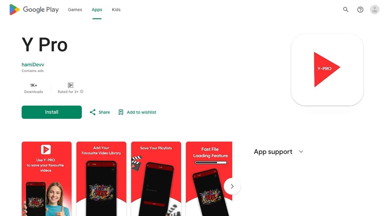 Y Pro media player listing on Google Play